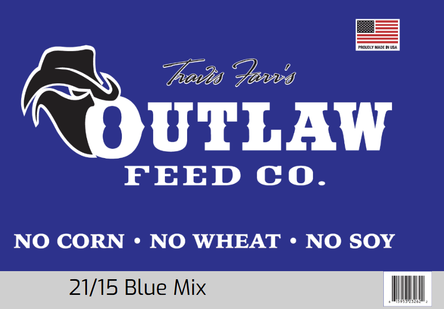 Outlaw Feed Blue Formula bag — 21% protein 15% fat, Texas-made dog food, no corn wheat or soy