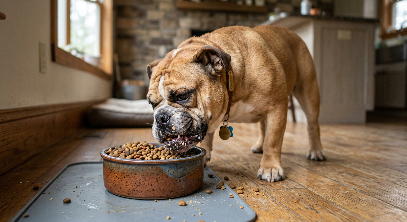 English bulldog eating Outlaw Feed kibble from a bowl — real ingredients dogs love, no corn wheat or soy